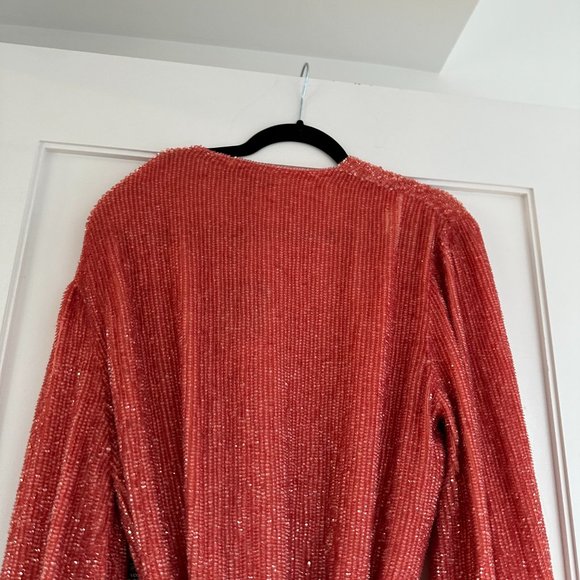 Retrofete Gabrielle Sequin Robe Wrap Mini Dress Sz M Burnt Orange Blouson Sleeve - Picture 15 of 15